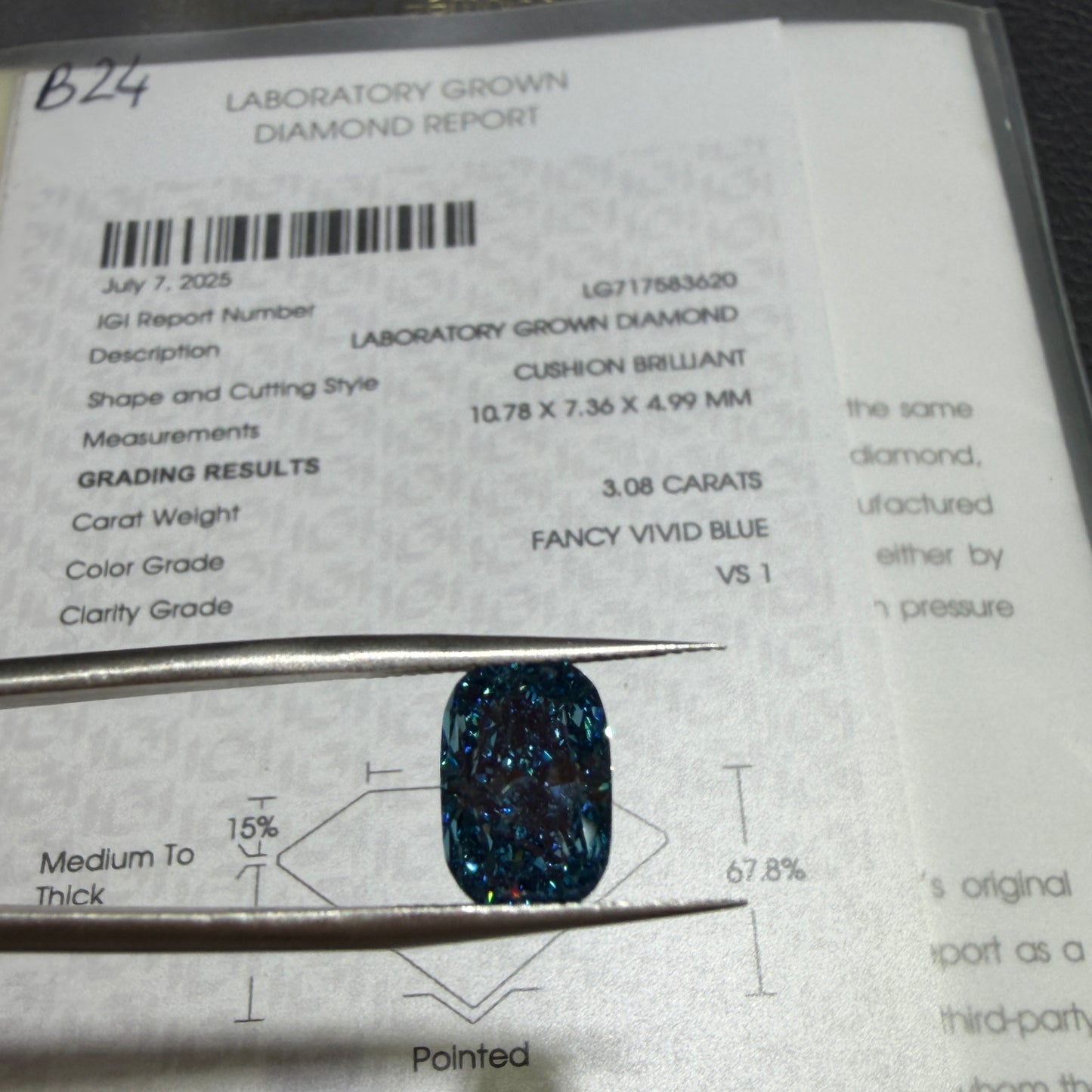 3.08ct Cushion Brilliant Lab Grown Diamond (Fancy Vivid Blue, VS1, IGI Certified)