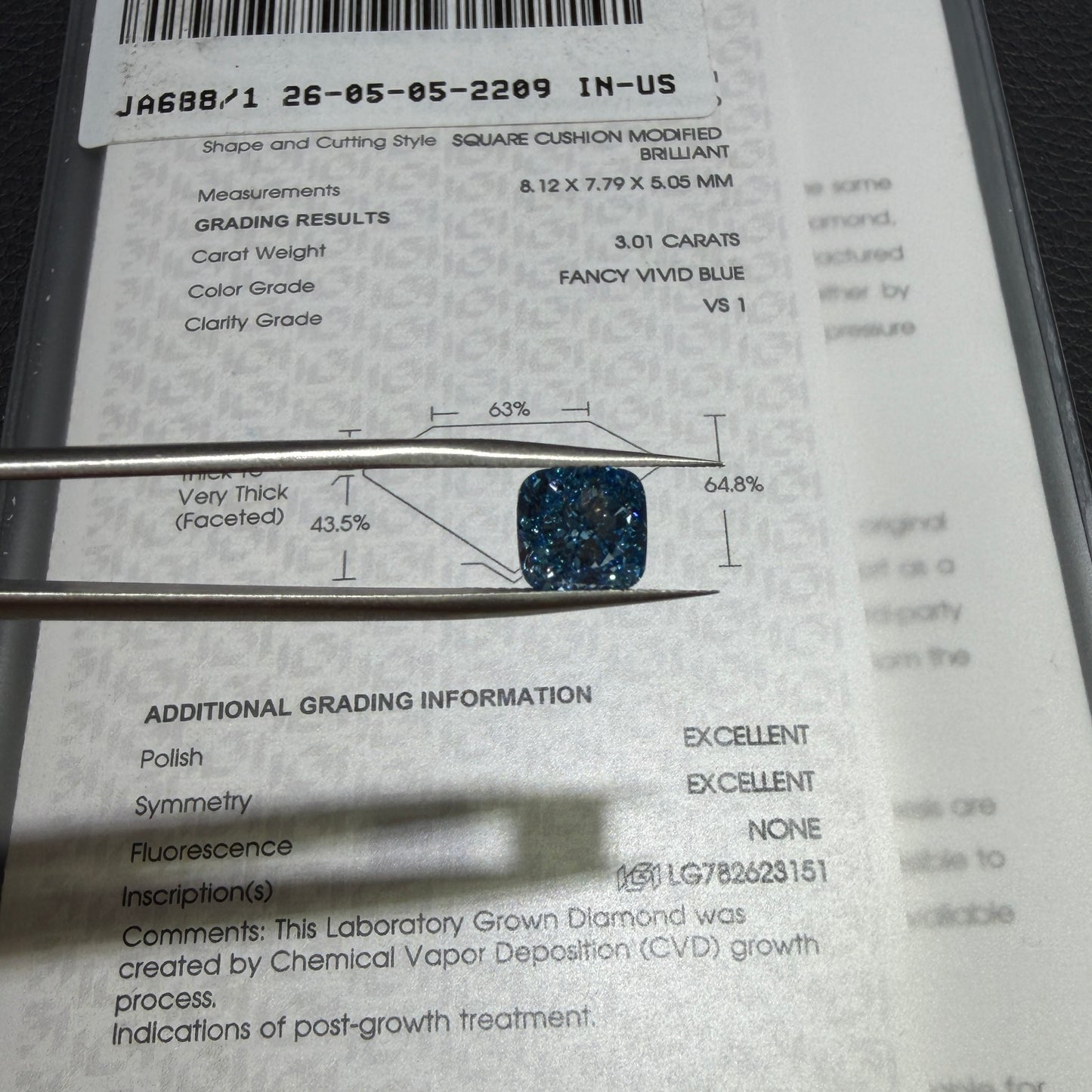 3.01ct Square Cushion Modified Brilliant Lab Grown Diamond (Fancy Vivid Blue, VS1, IGI Certified)