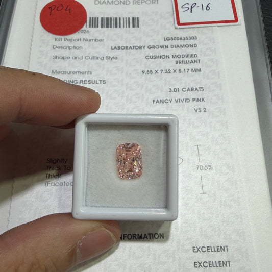 3.01ct Cushion Modified Brilliant Lab Grown Diamond (Fancy Vivid Pink, VS2, IGI Certified)