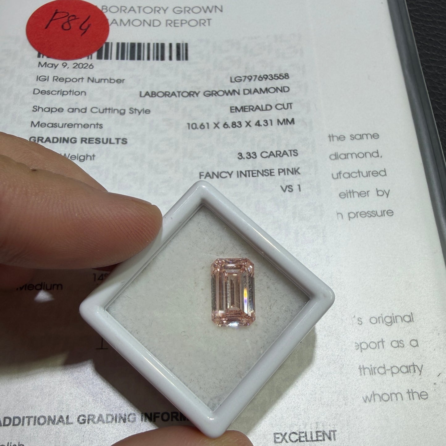 3.33ct Emerald Cut Lab Grown Diamond (Fancy Intense Pink, VS1, IGI Certified)