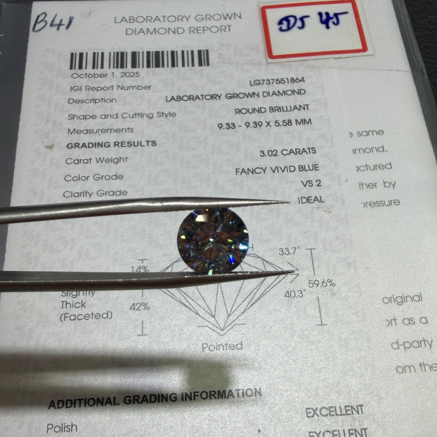 3.02ct Round Brilliant Lab Grown Diamond (Fancy Vivid Blue, VS2, IGI Certified)
