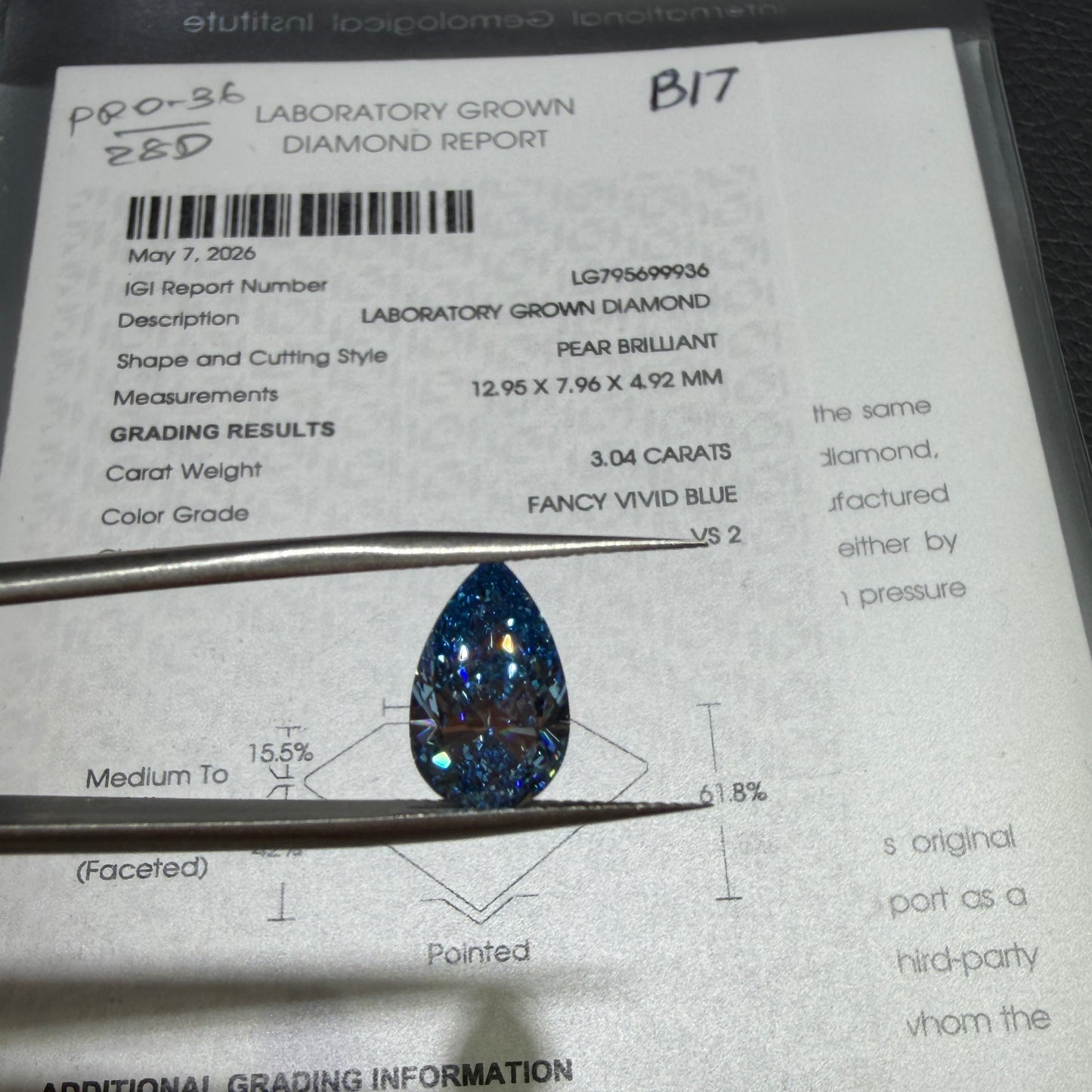 3.04ct Pear Brilliant Lab Grown Diamond (Fancy Vivid Blue, VS2, IGI Certified)