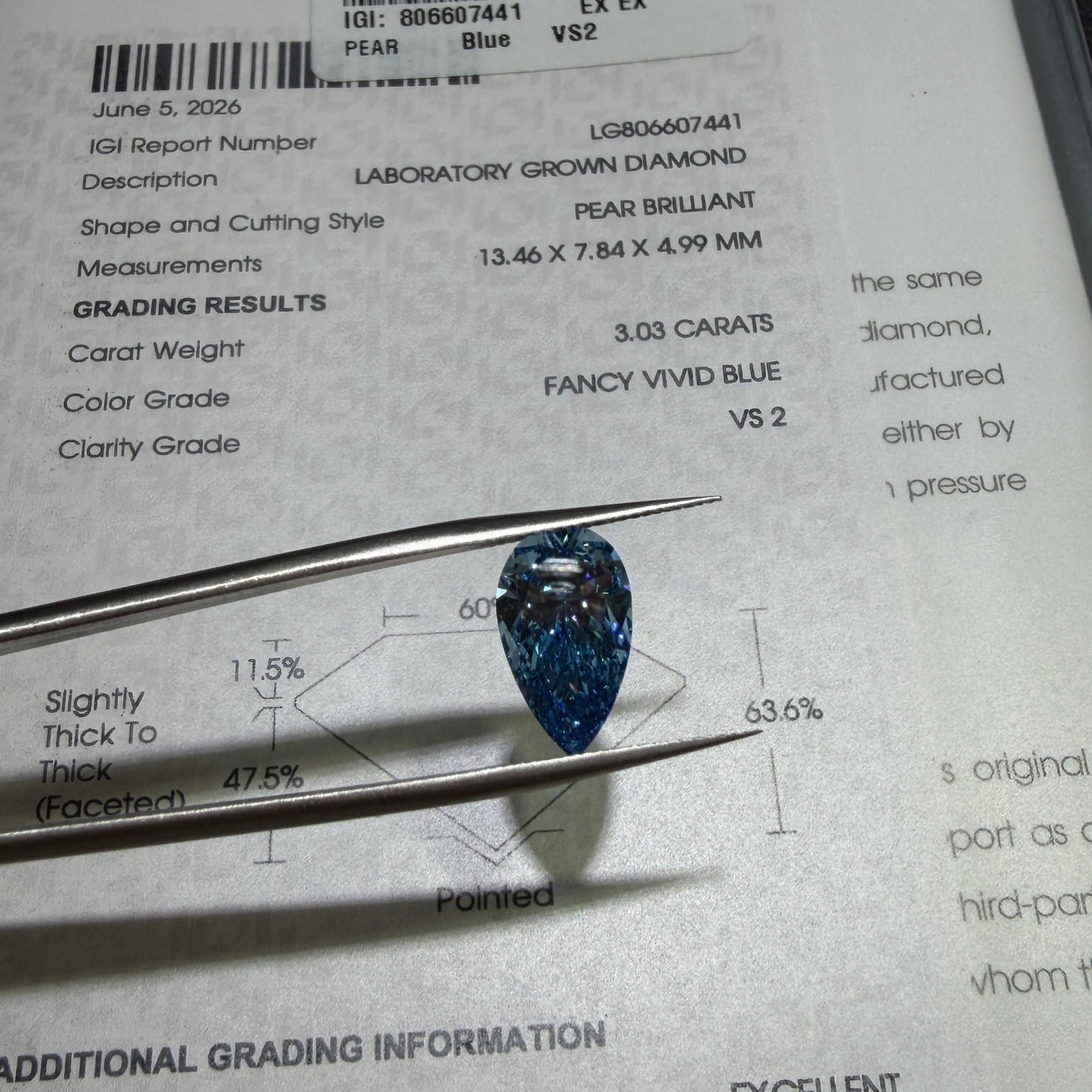 3.03ct Pear Brilliant Lab Grown Diamond (Fancy Vivid Blue, VS2, IGI Certified)