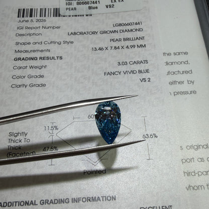 3.03ct Pear Brilliant Lab Grown Diamond (Fancy Vivid Blue, VS2, IGI Certified)