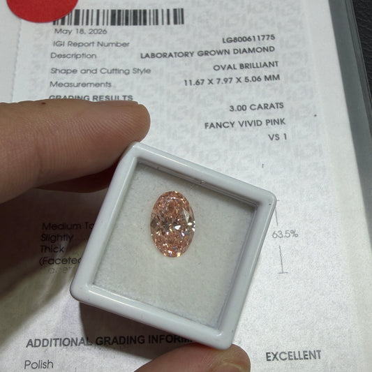 3.00ct Oval Brilliant Lab Grown Diamond (Fancy Vivid Pink, VS1, IGI Certified)