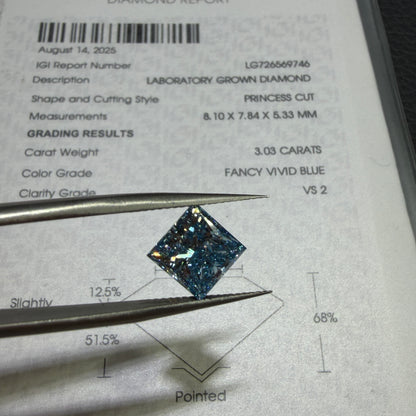 3.03ct Princess Cut Lab Grown Diamond (Fancy Vivid Blue, VS2, IGI Certified)