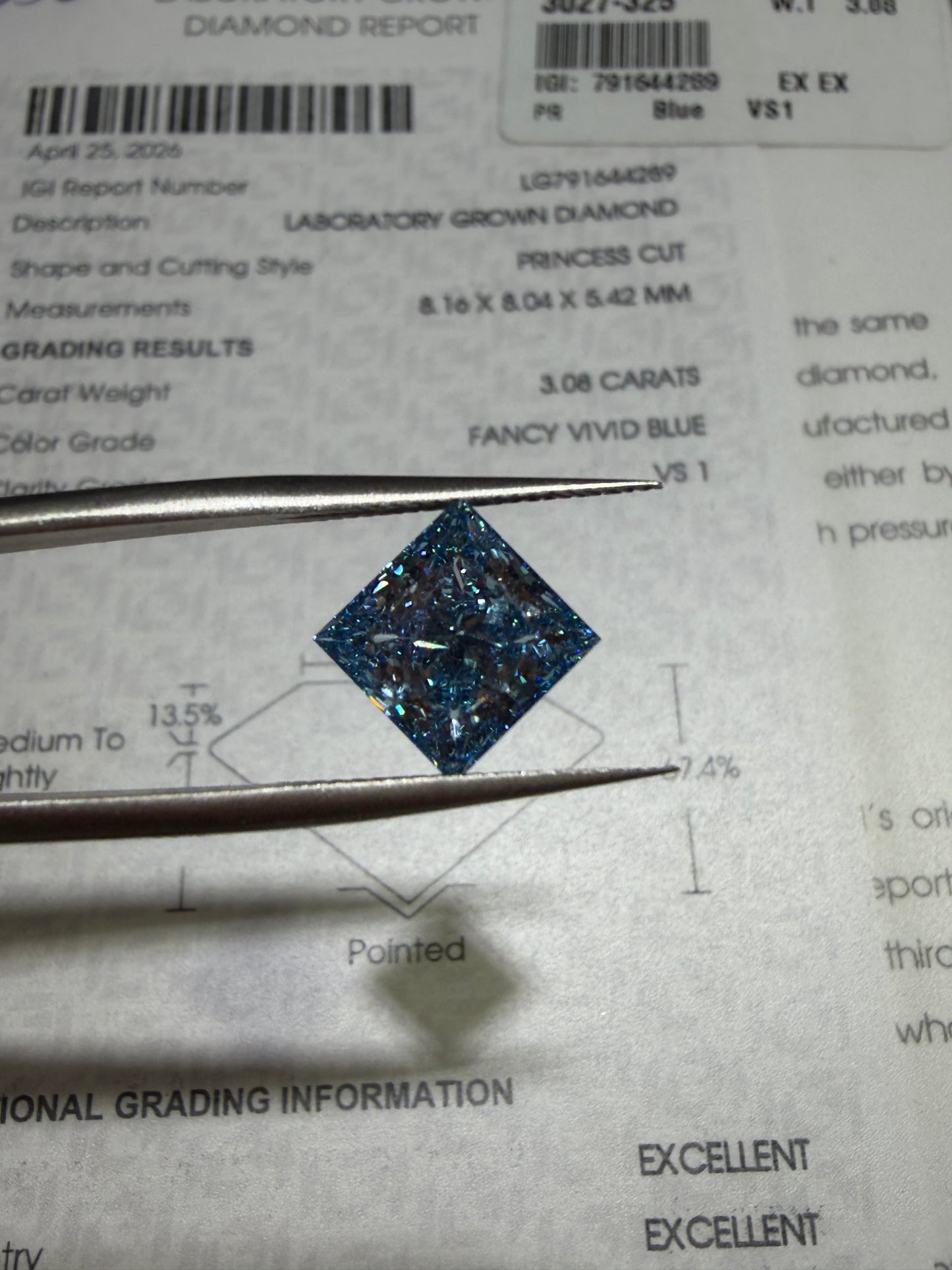 3.08ct Princess Cut Lab Grown Diamond (Fancy Vivid Blue, VS1, IGI Certified)