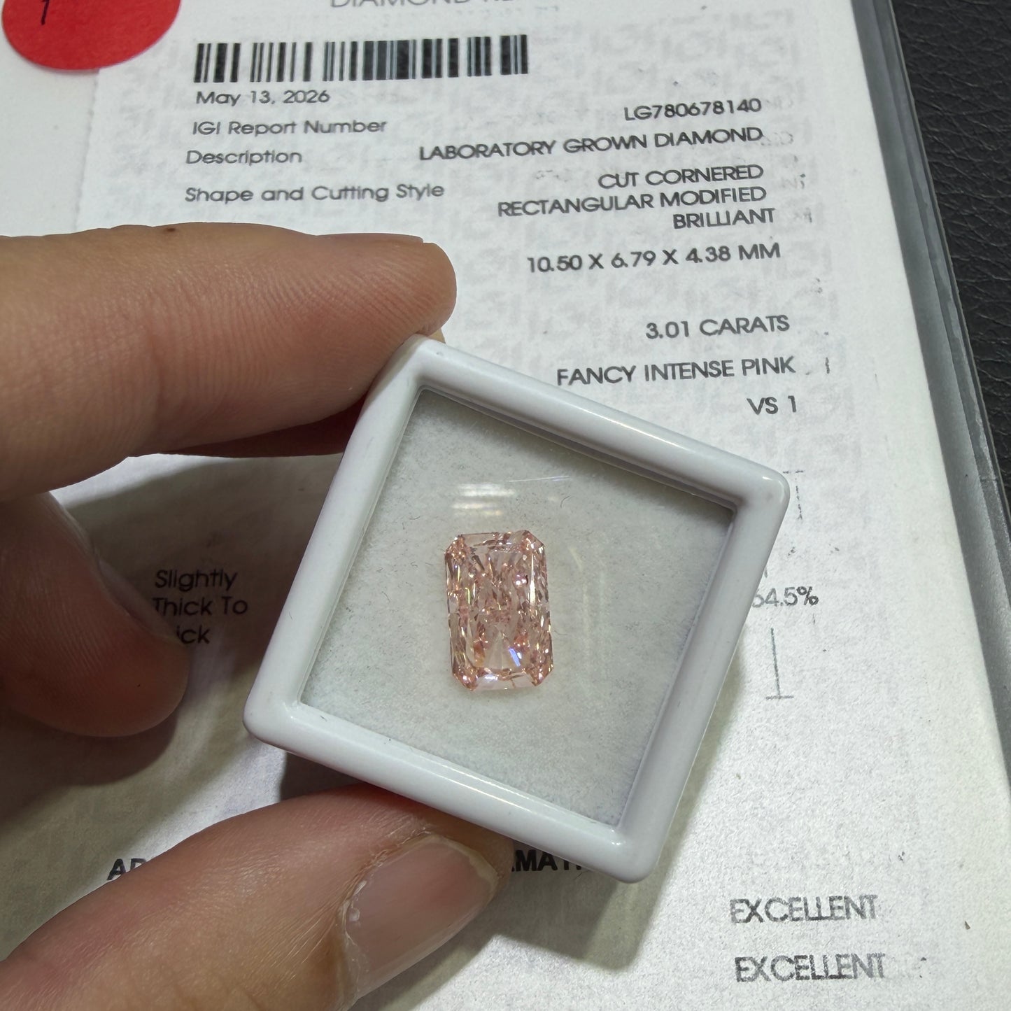 3.01ct Radiant Cut Lab Grown Diamond (Fancy Intense Pink, VS1, IGI Certified)