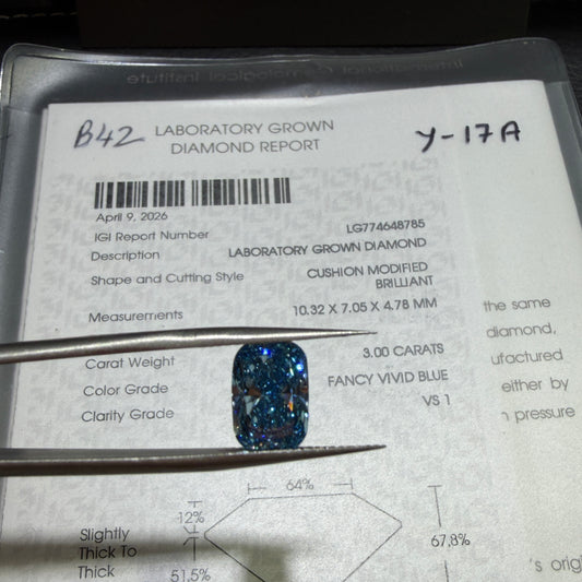 3.00ct Cushion Modified Brilliant Lab Grown Diamond (Fancy Vivid Blue, VS1, IGI Certified)