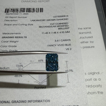 3.61ct Radiant Cut Lab Grown Diamond (Fancy Vivid Blue, VS2, IGI Certified)