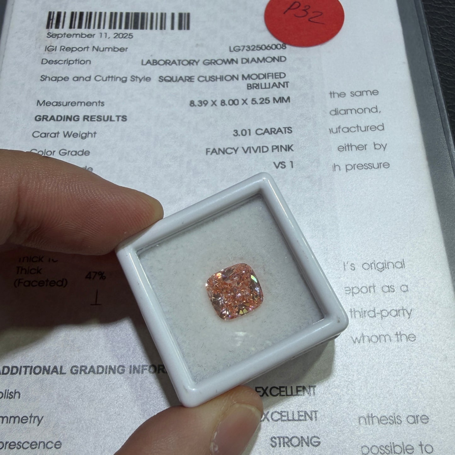 3.01ct Square Cushion Modified Brilliant Lab Grown Diamond (Fancy Vivid Pink, VS1, IGI Certified)
