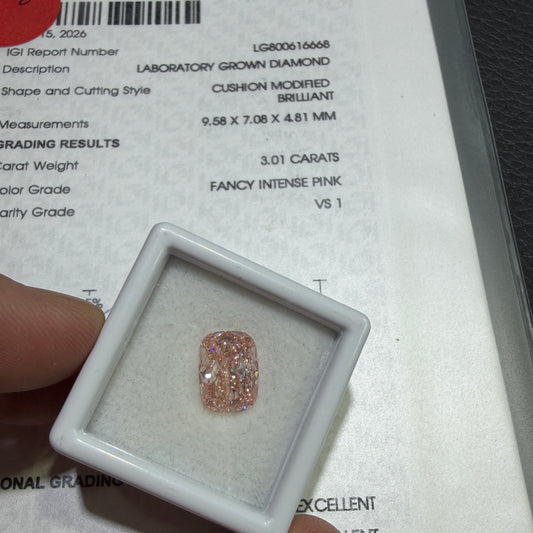 3.01ct Cushion Modified Brilliant Lab Grown Diamond (Fancy Intense Pink, VS1, IGI Certified)