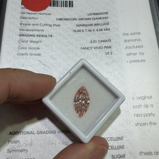 3.01ct Marquise Brilliant Lab Grown Diamond (Fancy Vivid Pink, VS2, IGI Certified)