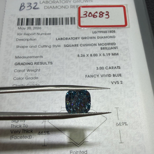 3.00ct Square Cushion Modified Brilliant Lab Grown Diamond (Fancy Vivid Blue, VVS2, IGI Certified)