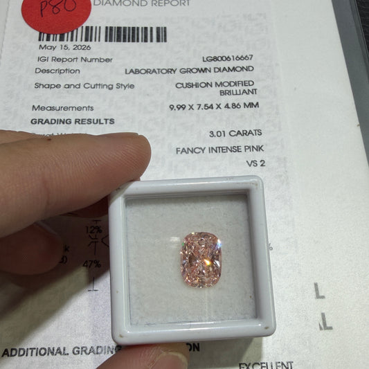 3.01ct Cushion Modified Brilliant Lab Grown Diamond (Fancy Intense Pink, VS2, IGI Certified)