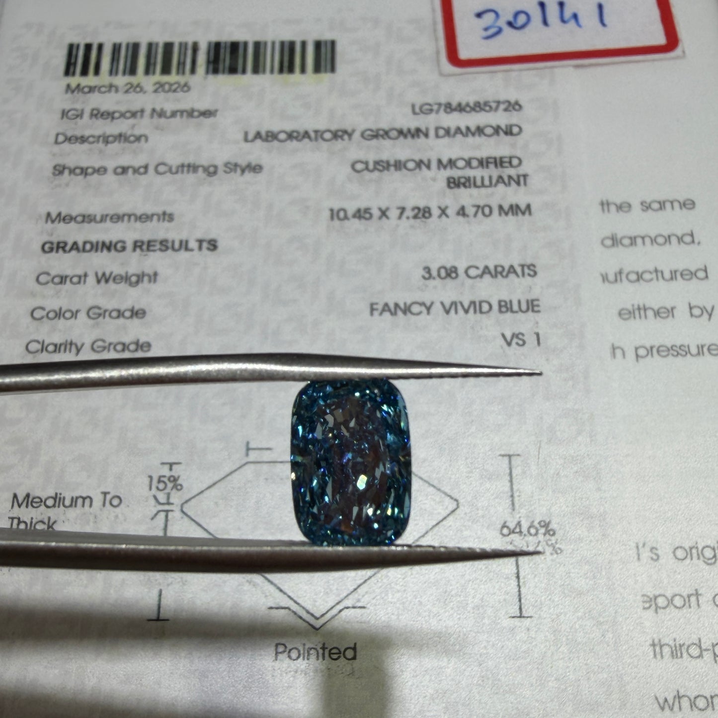 3.08ct Cushion Modified Brilliant Lab Grown Diamond (Fancy Vivid Blue, VS1, IGI Certified)