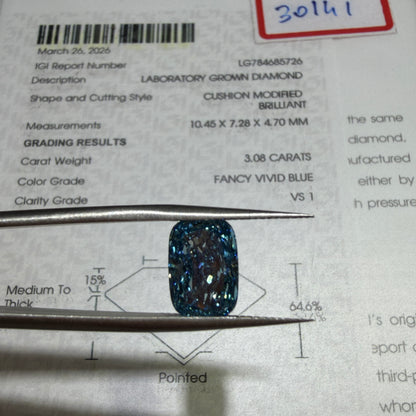 3.08ct Cushion Modified Brilliant Lab Grown Diamond (Fancy Vivid Blue, VS1, IGI Certified)