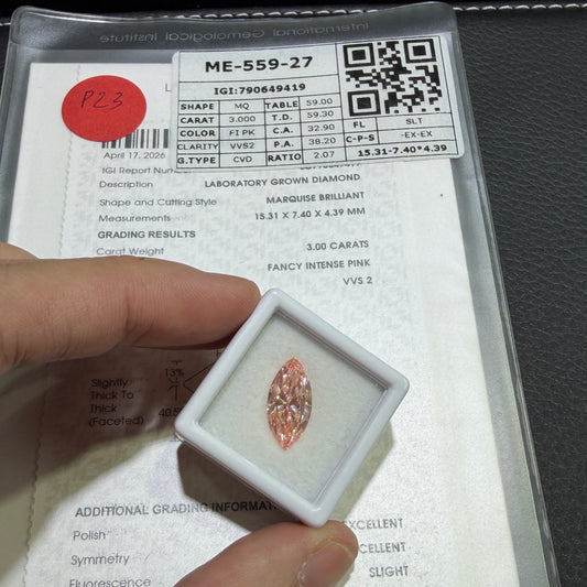 3.00ct Marquise Brilliant Lab Grown Diamond (Fancy Intense Pink, VVS2, IGI Certified)