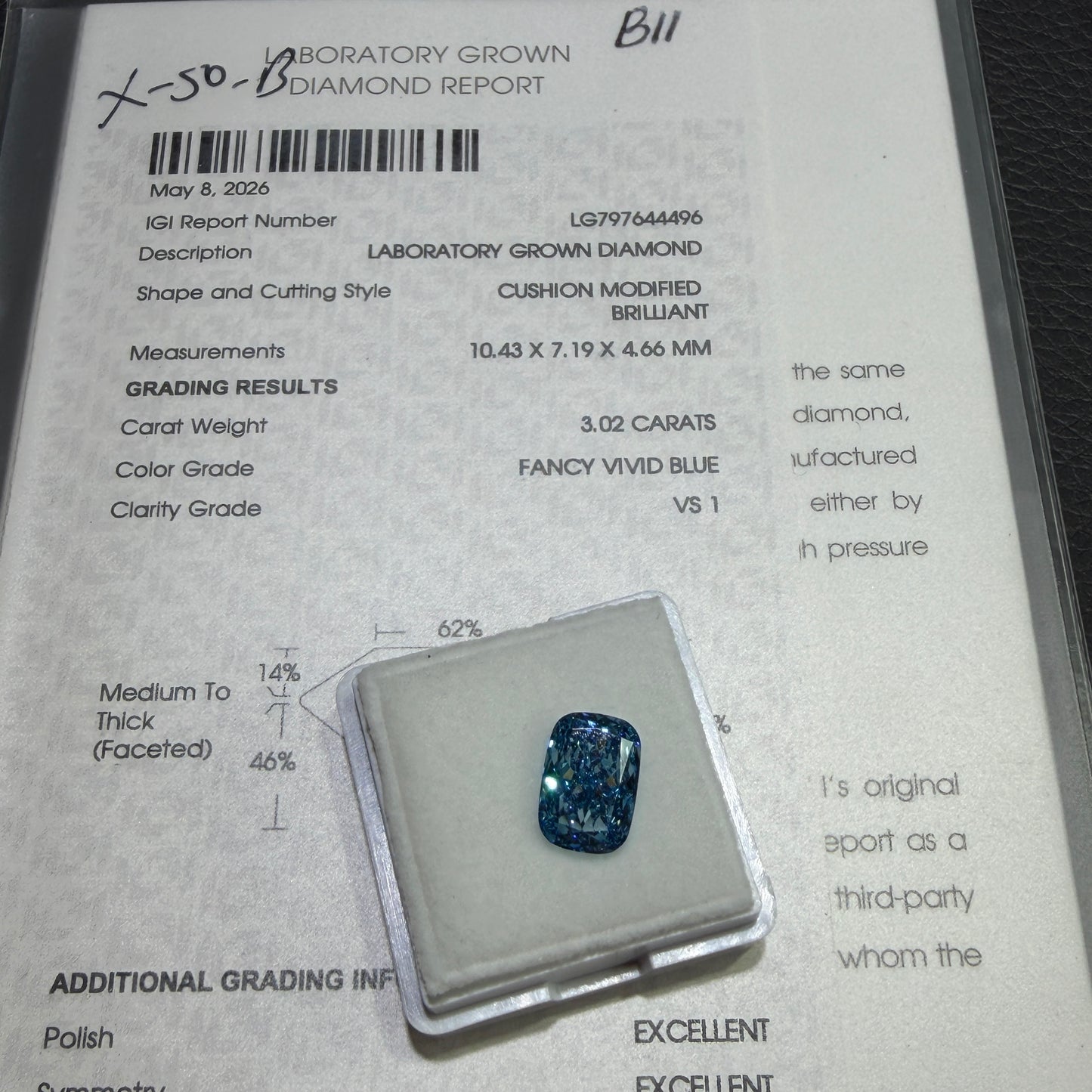 3.02ct Cushion Modified Brilliant Lab Grown Diamond (Fancy Vivid Blue, VS1, IGI Certified)