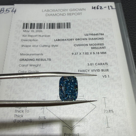 3.01ct Cushion Modified Brilliant Lab Grown Diamond (Fancy Vivid Blue, VS1, IGI Certified)