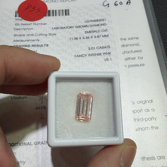 3.01ct Emerald Cut Lab Grown Diamond (Fancy Intense Pink, VS1, IGI Certified)