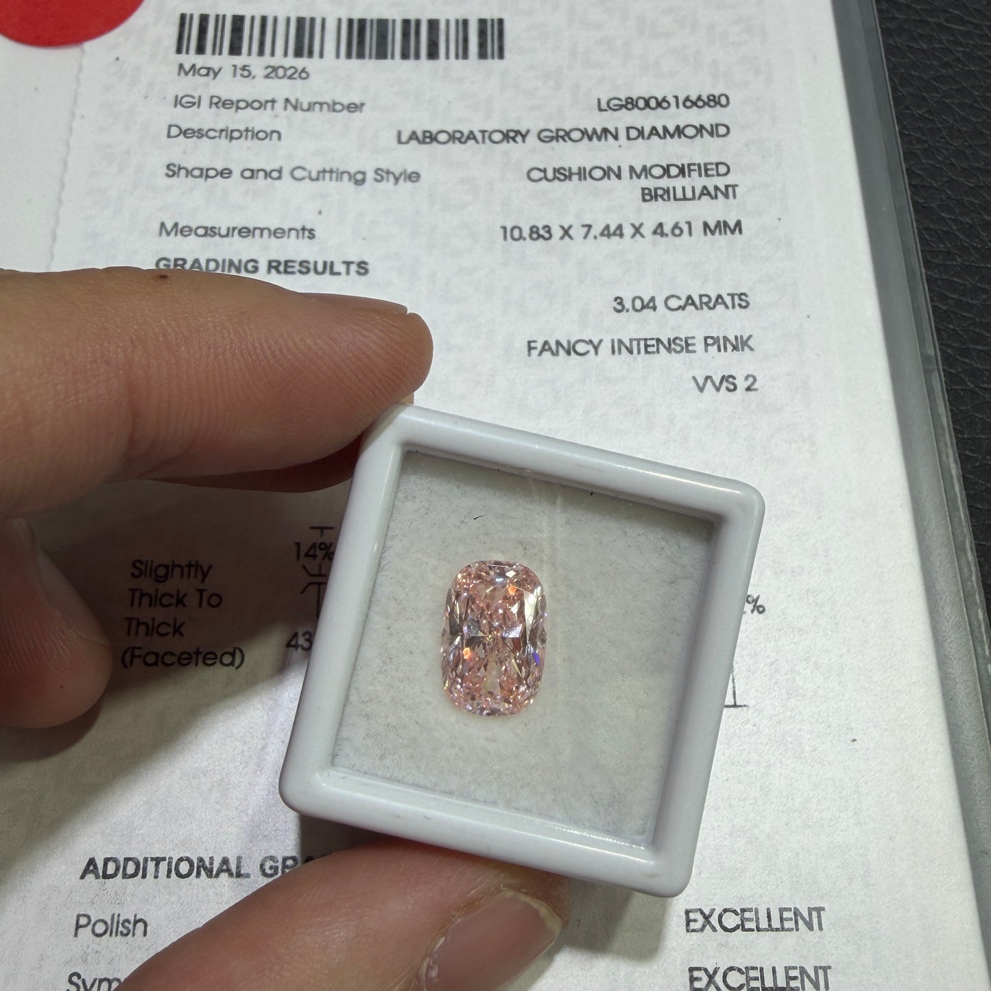 3.04ct Cushion Modified Brilliant Lab Grown Diamond (Fancy Intense Pink, VVS2, IGI Certified)