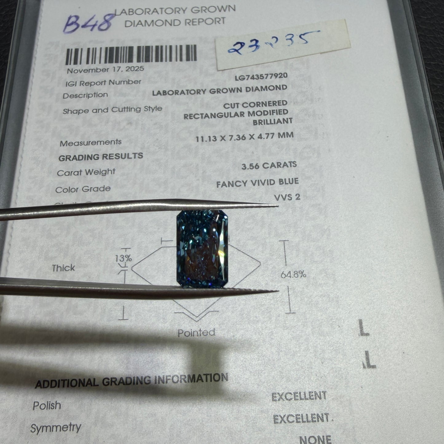 3.56ct Cut Cornered Rectangular Modified Brilliant Lab Grown Diamond (Fancy Vivid Blue, VVS2, IGI Certified)