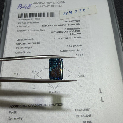 3.56ct Cut Cornered Rectangular Modified Brilliant Lab Grown Diamond (Fancy Vivid Blue, VVS2, IGI Certified)