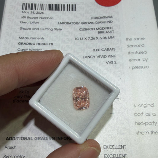 3.00ct Cushion Modified Brilliant Lab Grown Diamond (Fancy Vivid Pink, VVS2, IGI Certified)