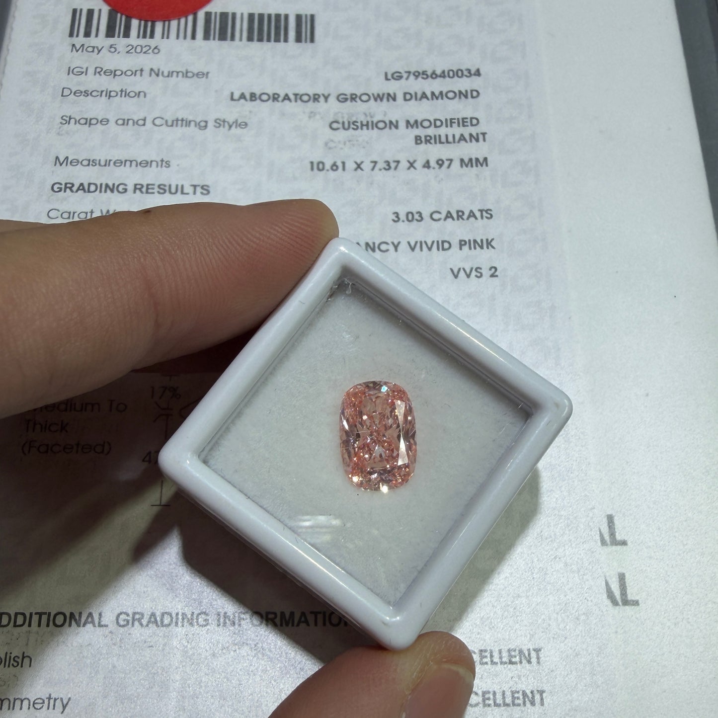 3.03ct Cushion Modified Brilliant Lab Grown Diamond (Fancy Vivid Pink, VVS2, IGI Certified)