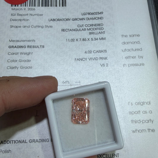 4.02ct Cut Cornered Rectangular Modified Brilliant Lab Grown Diamond (Fancy Vivid Pink, VS2, IGI Certified)