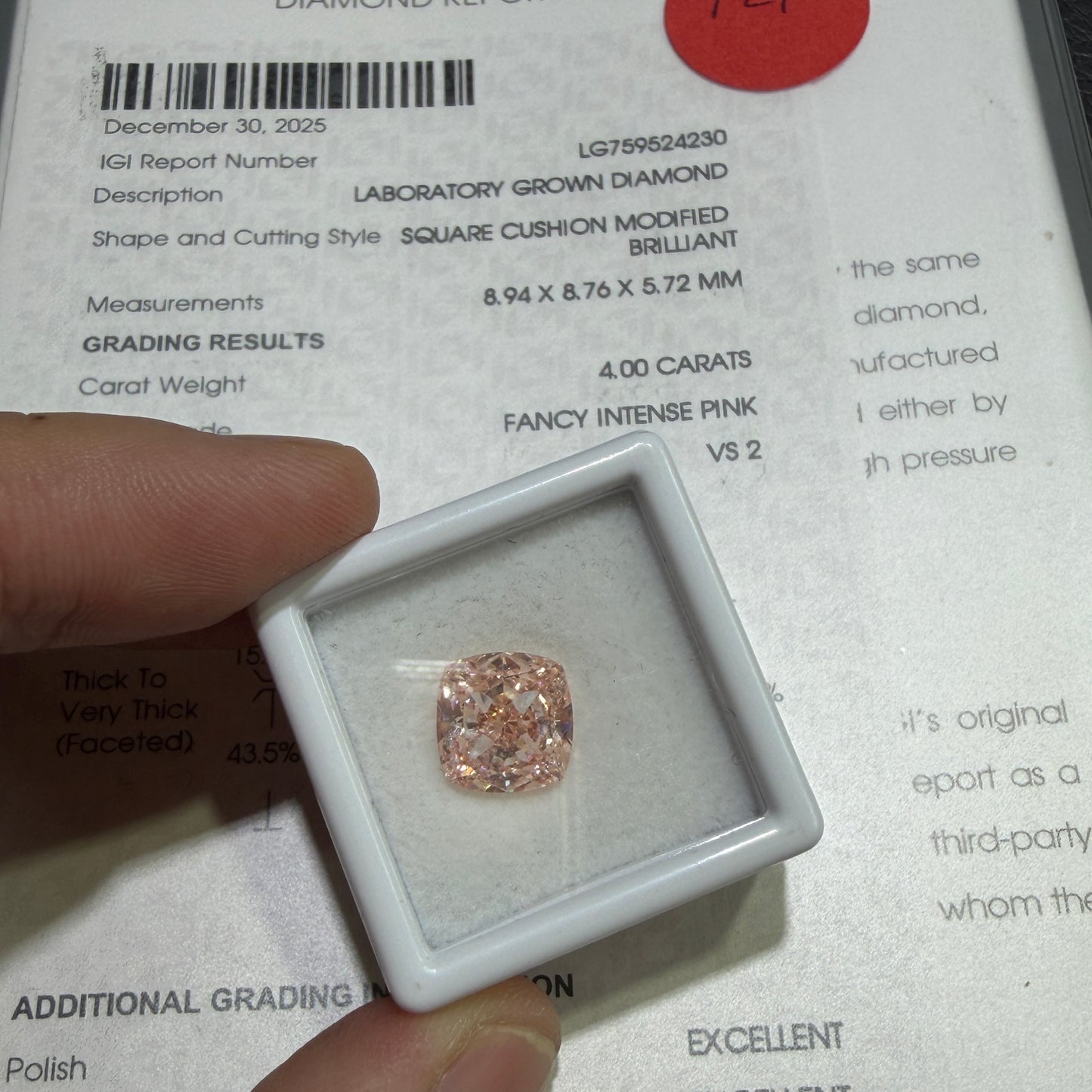 4.00ct Cushion Cut Lab Grown Diamond (Fancy Intense Pink, VS2, IGI Certified)