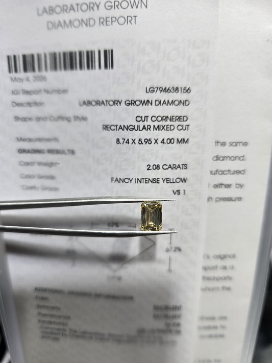 2.08ct Criss Cut Rectangular Mixed Cut Lab Grown Diamond (Fancy Intense Yellow, VS1, IGI Certified)