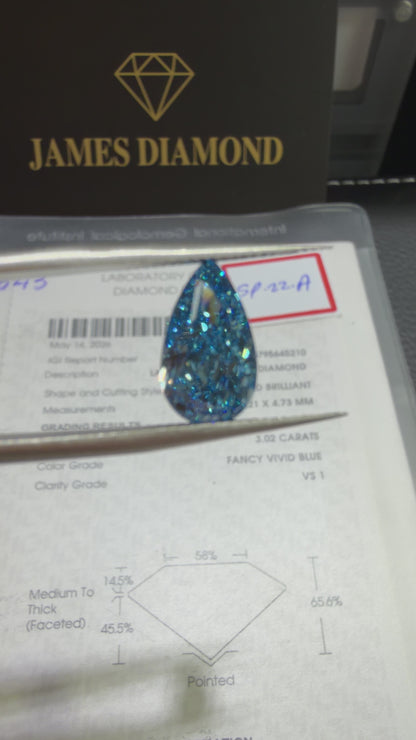3.02ct Pear Modified Brilliant Lab Grown Diamond (Fancy Vivid Blue, VS1, IGI Certified)