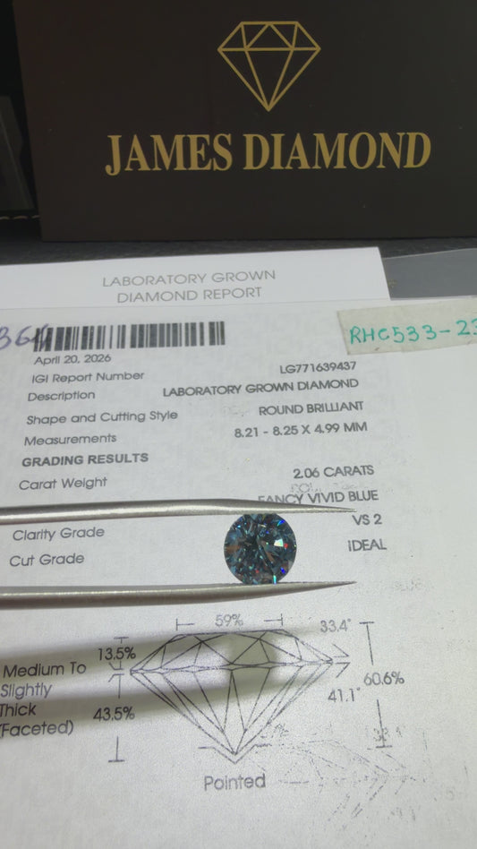 2.06ct Round Brilliant Lab Grown Diamond (Fancy Vivid Blue, VS2, IGI Certified)