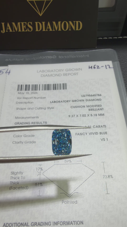 3.01ct Cushion Modified Brilliant Lab Grown Diamond (Fancy Vivid Blue, VS1, IGI Certified)