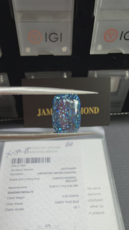 3.02ct Cushion Modified Brilliant Lab Grown Diamond (Fancy Vivid Blue, VS1, IGI Certified)