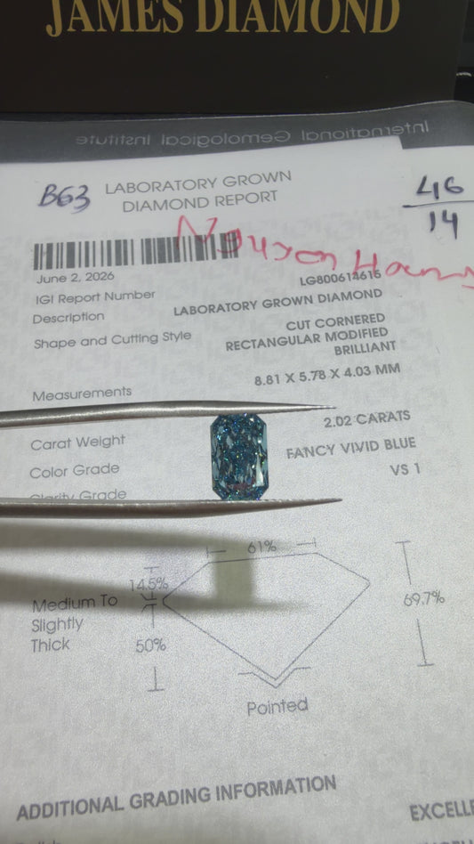 2.02ct Cut Cornered Rectangular Modified Brilliant Lab Grown Diamond (Fancy Vivid Blue, VS1, IGI Certified)