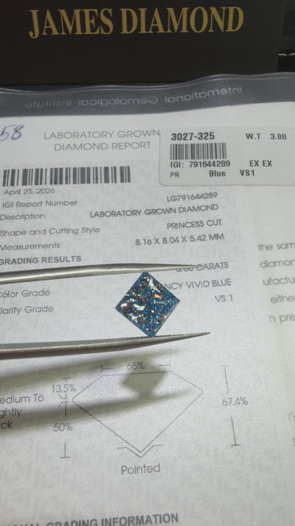 3.08ct Princess Cut Lab Grown Diamond (Fancy Vivid Blue, VS1, IGI Certified)