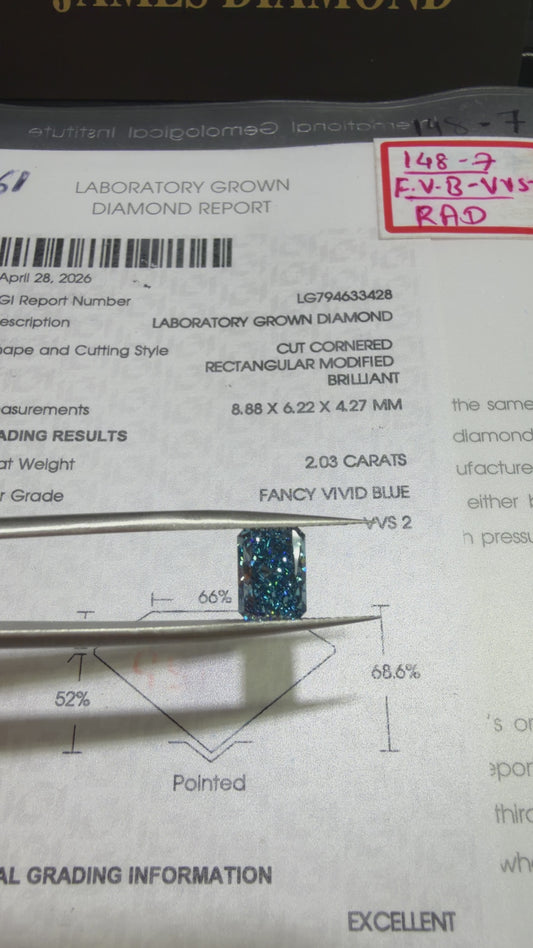 2.03ct Cut Cornered Rectangular Modified Brilliant Lab Grown Diamond (Fancy Vivid Blue, VVS2, IGI Certified)