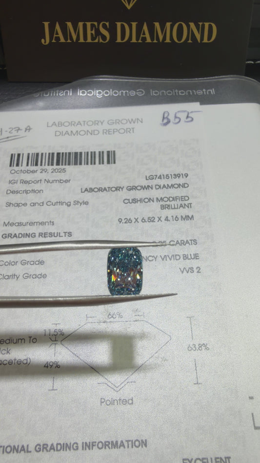 2.05ct Cushion Modified Brilliant Lab Grown Diamond (Fancy Vivid Blue, VVS2, IGI Certified)