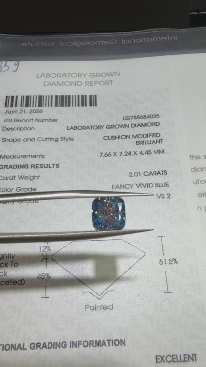 2.01ct Cushion Modified Brilliant Lab Grown Diamond (Fancy Vivid Blue, VS2, IGI Certified)