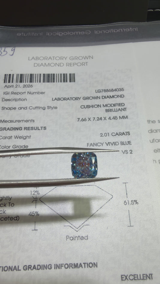 2.01ct Cushion Modified Brilliant Lab Grown Diamond (Fancy Vivid Blue, VS2, IGI Certified)