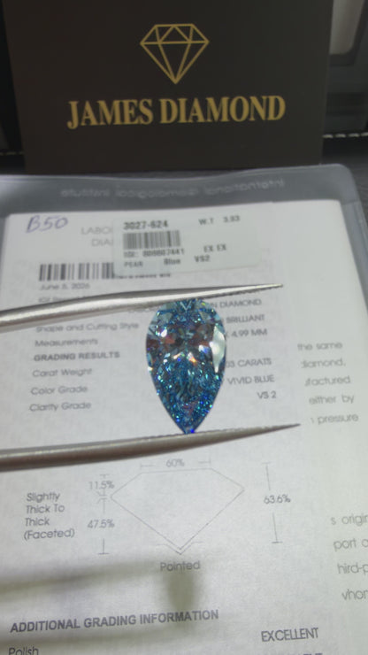 3.03ct Pear Brilliant Lab Grown Diamond (Fancy Vivid Blue, VS2, IGI Certified)