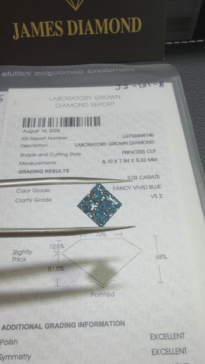 3.03ct Princess Cut Lab Grown Diamond (Fancy Vivid Blue, VS2, IGI Certified)