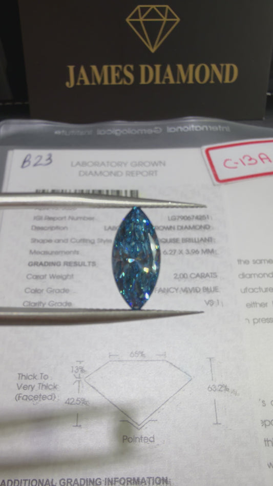2.00ct Marquise Brilliant Lab Grown Diamond (Fancy Vivid Blue, VS1, IGI Certified)
