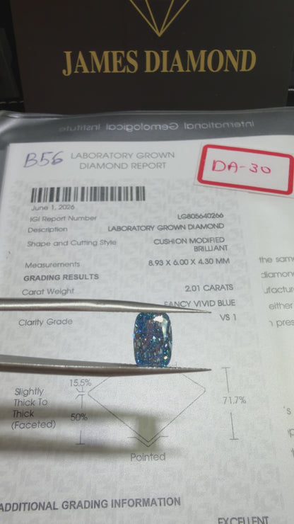 2.01ct Cushion Modified Brilliant Lab Grown Diamond (Fancy Vivid Blue, VS1, IGI Certified)