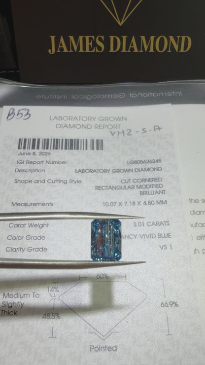 3.01ct Radiant Cut Lab Grown Diamond (Fancy Vivid Blue, VS1, IGI Certified)