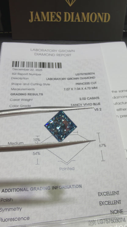 2.02ct Princess Cut Lab Grown Diamond (Fancy Vivid Blue, VS2, IGI Certified)