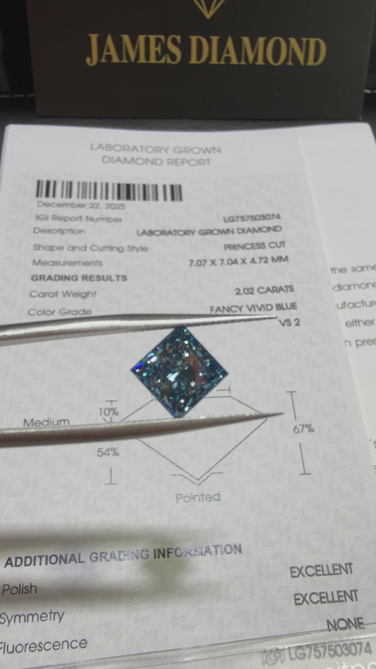 2.02ct Princess Cut Lab Grown Diamond (Fancy Vivid Blue, VS2, IGI Certified)